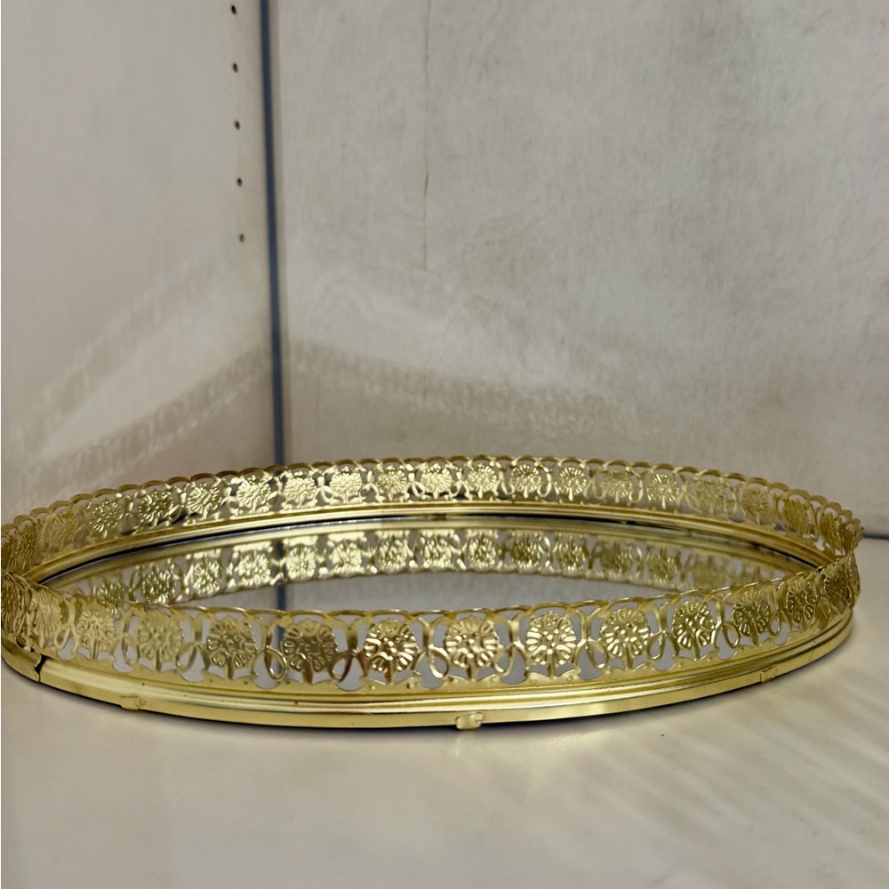 Vintage 1990s Gold Oval Mirror Tray